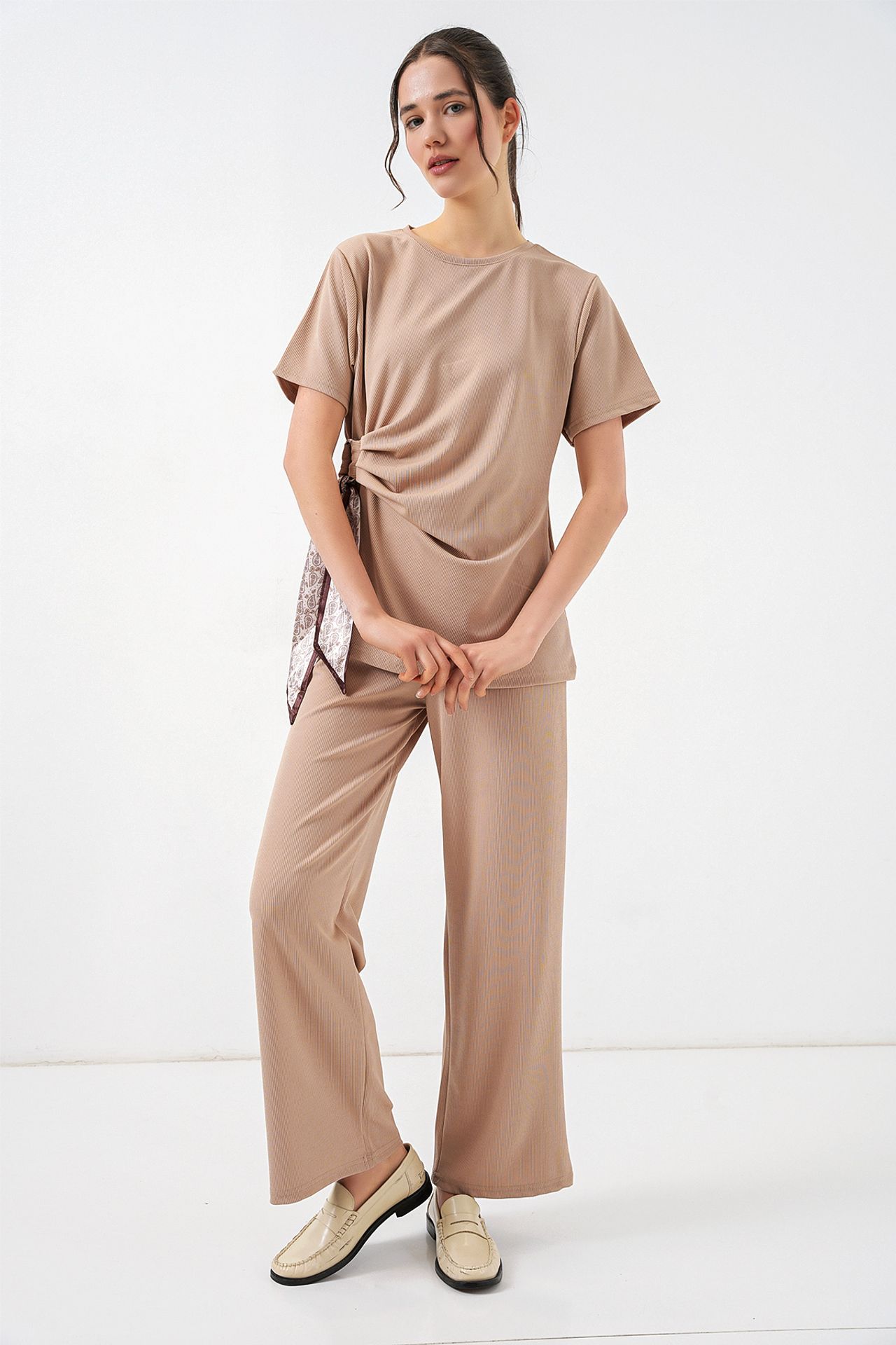 BDART Crew Neck Tie Detail Ribbed Co-Ord Set with Wide Leg Trousers 4