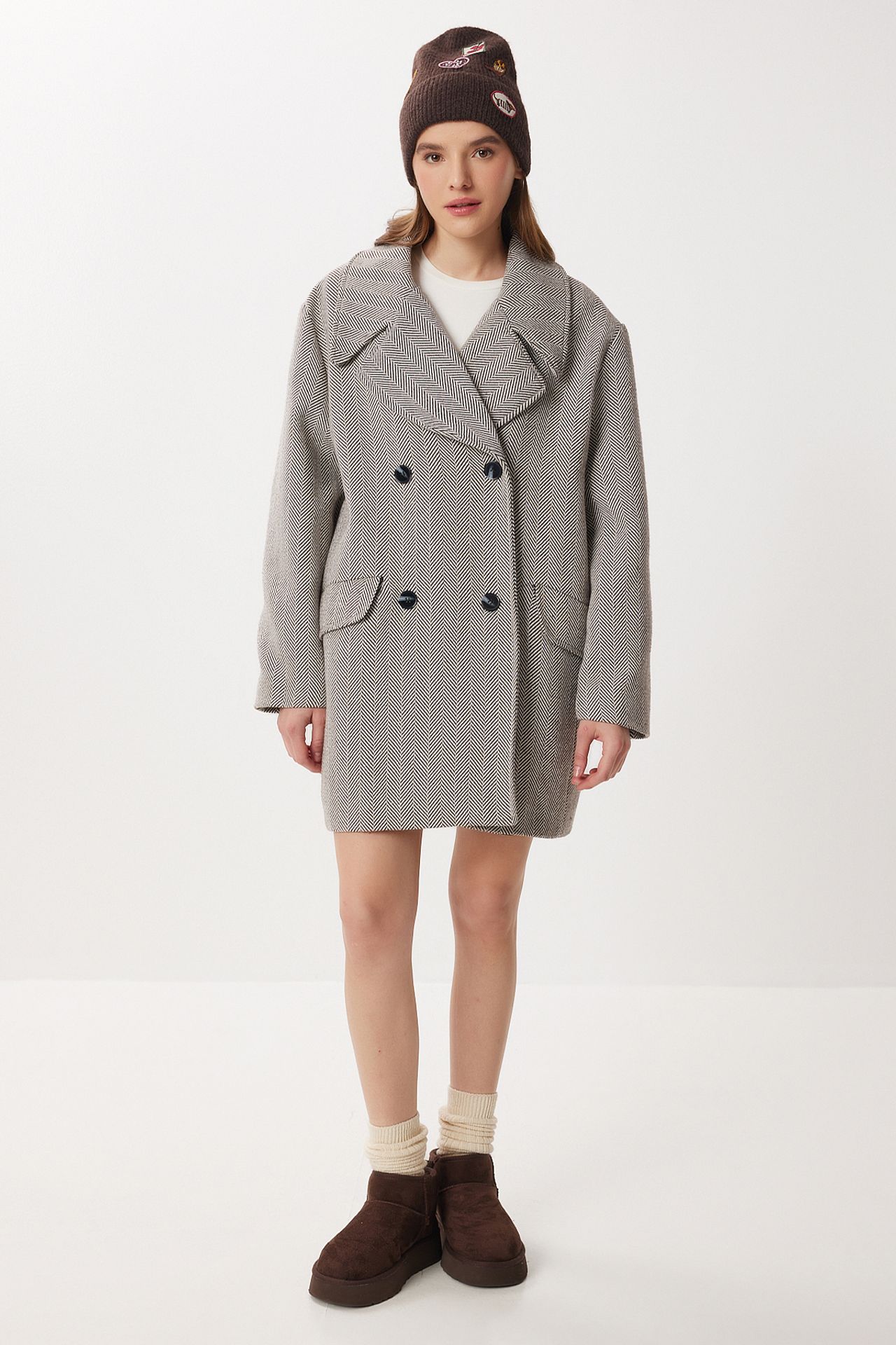 ISTANBUL Oversized Herringbone Wool Cotton Midi Overcoat 3