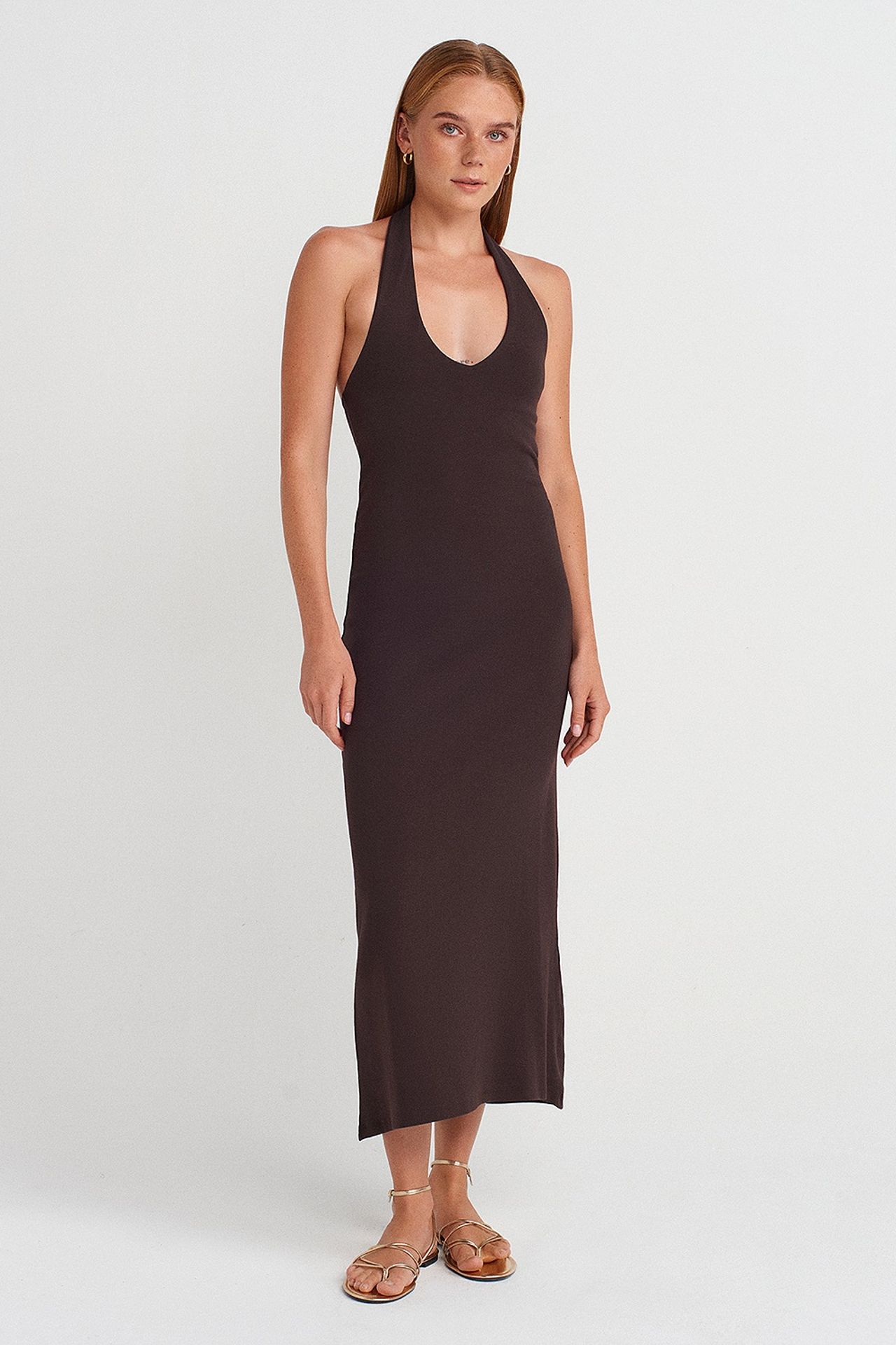 DILVIN Kadın Halter Yaka Bodycon Midi Elbise 1