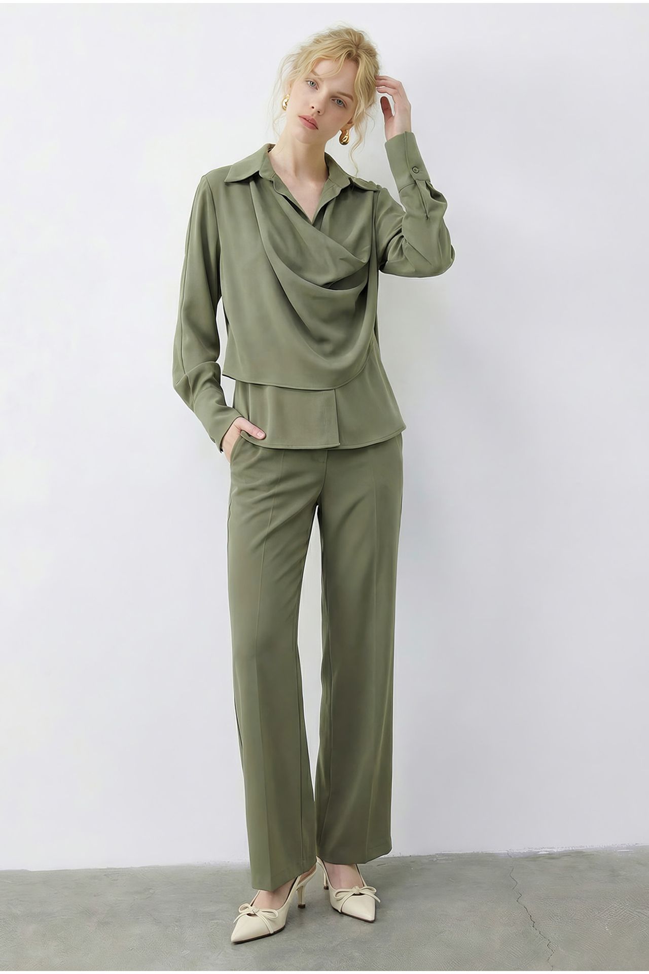 LUCCI Shawl Detailed Blouse and High Waist Wide Leg Pants Two-Piece Set 2