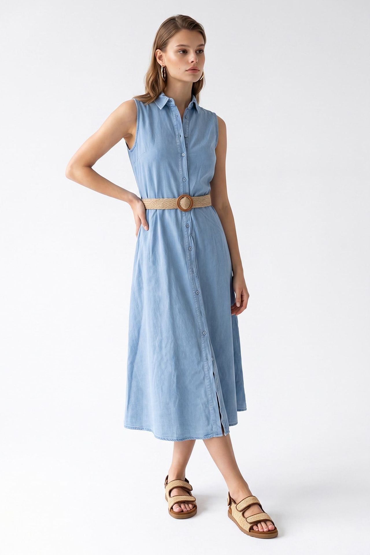 MIXRAY Belted Cotton Poplin Midi Shirt Dress 5