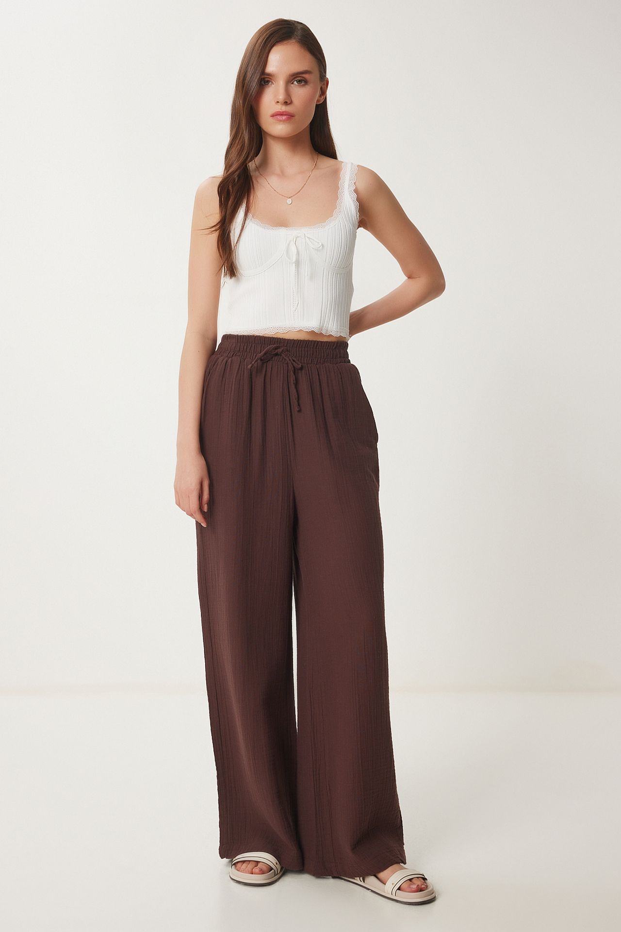 ISTANBUL Wide Leg Drawstring Waist Pants with Binding Detail 3