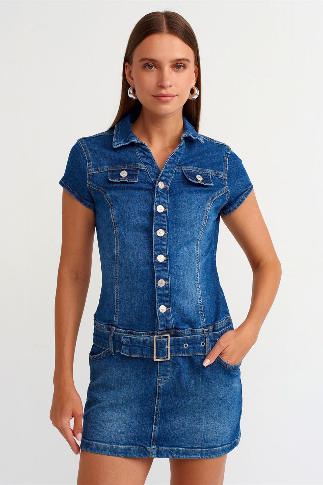 DILVIN Kemerli Denim Mini Elbise 1