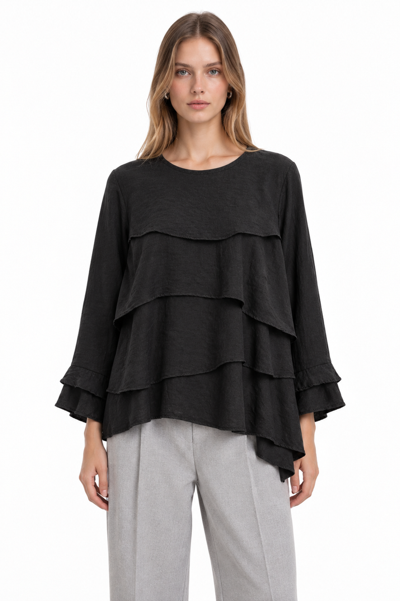 MIXRAY Frilly Long Sleeve Crew Neck Blouse 1