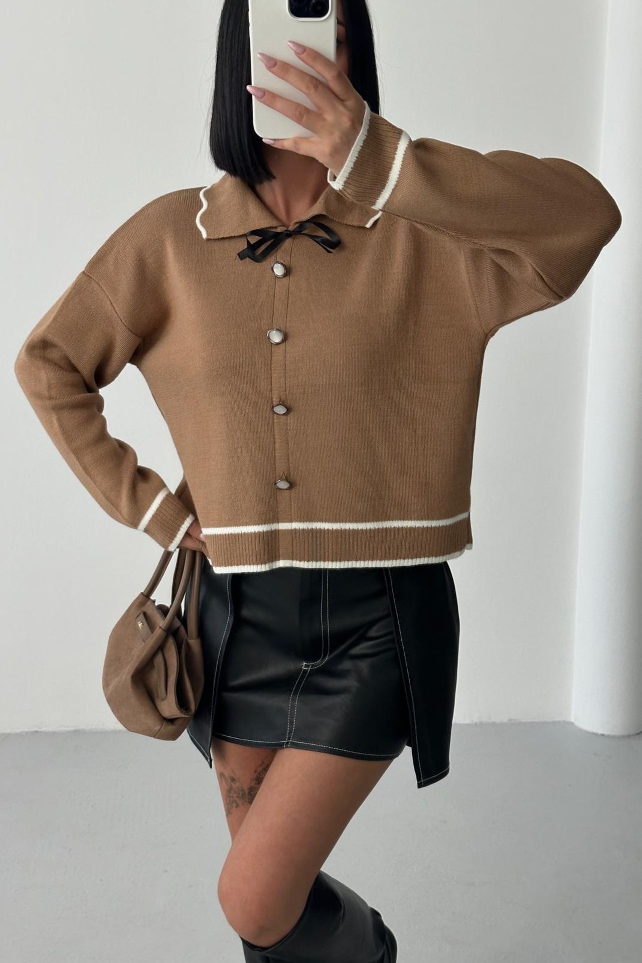 MY FASHION Textured Polo Neck Knit Sweater with Ribbon Detail 1