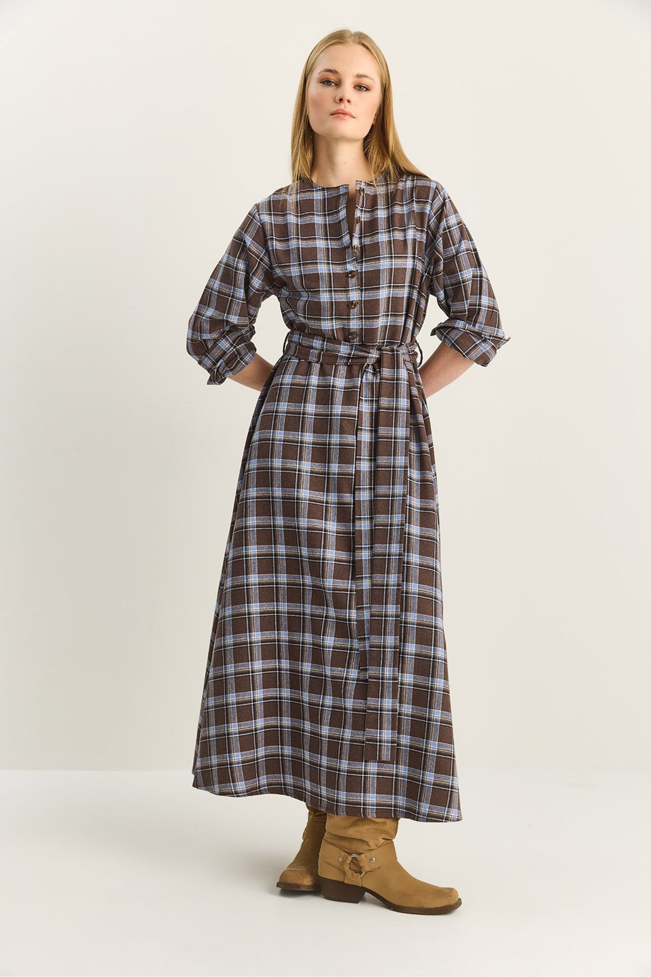 LUCCI Plaid Midi Dress with Belt