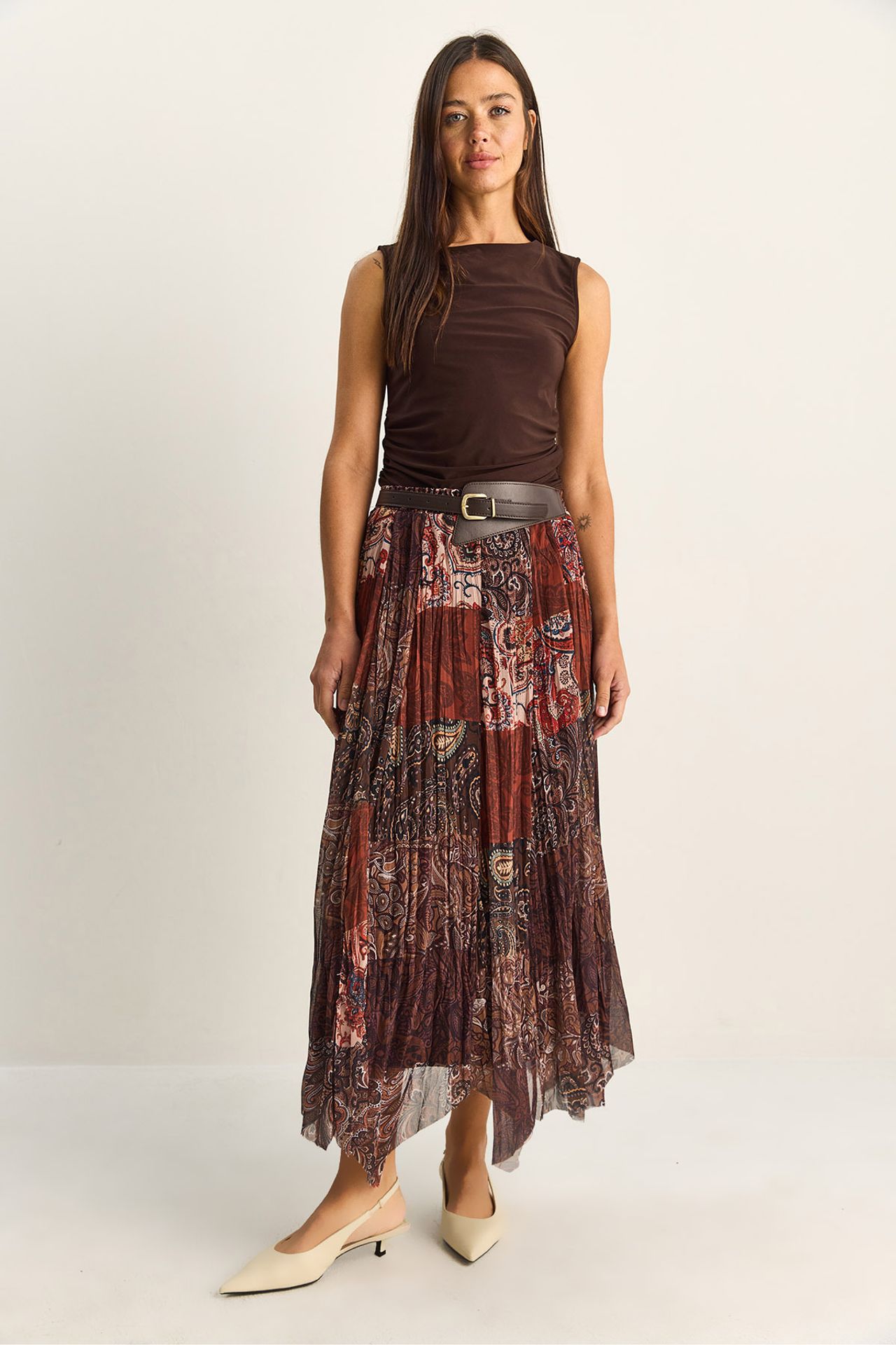 LUCCI High Waist Paisley Print Midi Skirt with Belt 2