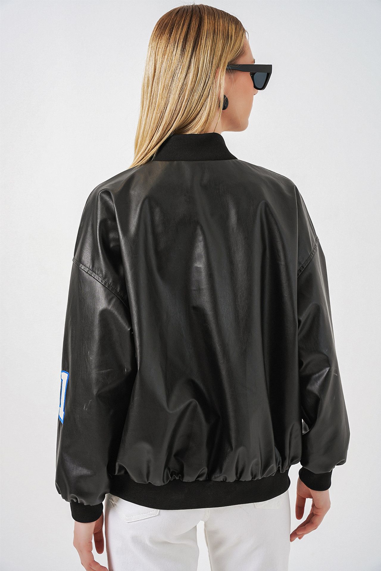 BDART Fitted Crop Faux Leather Bomber Jacket with Bow 6