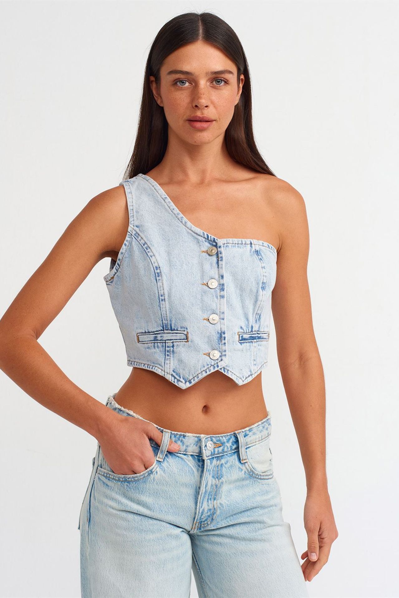 DILVIN Dar Kesim Pamuklu Denim Crop Bluz 4