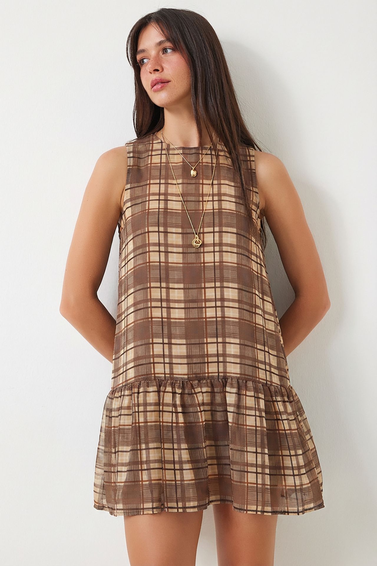 ISTANBUL Frilly Plaid Mini Dress with Crew Neck 2