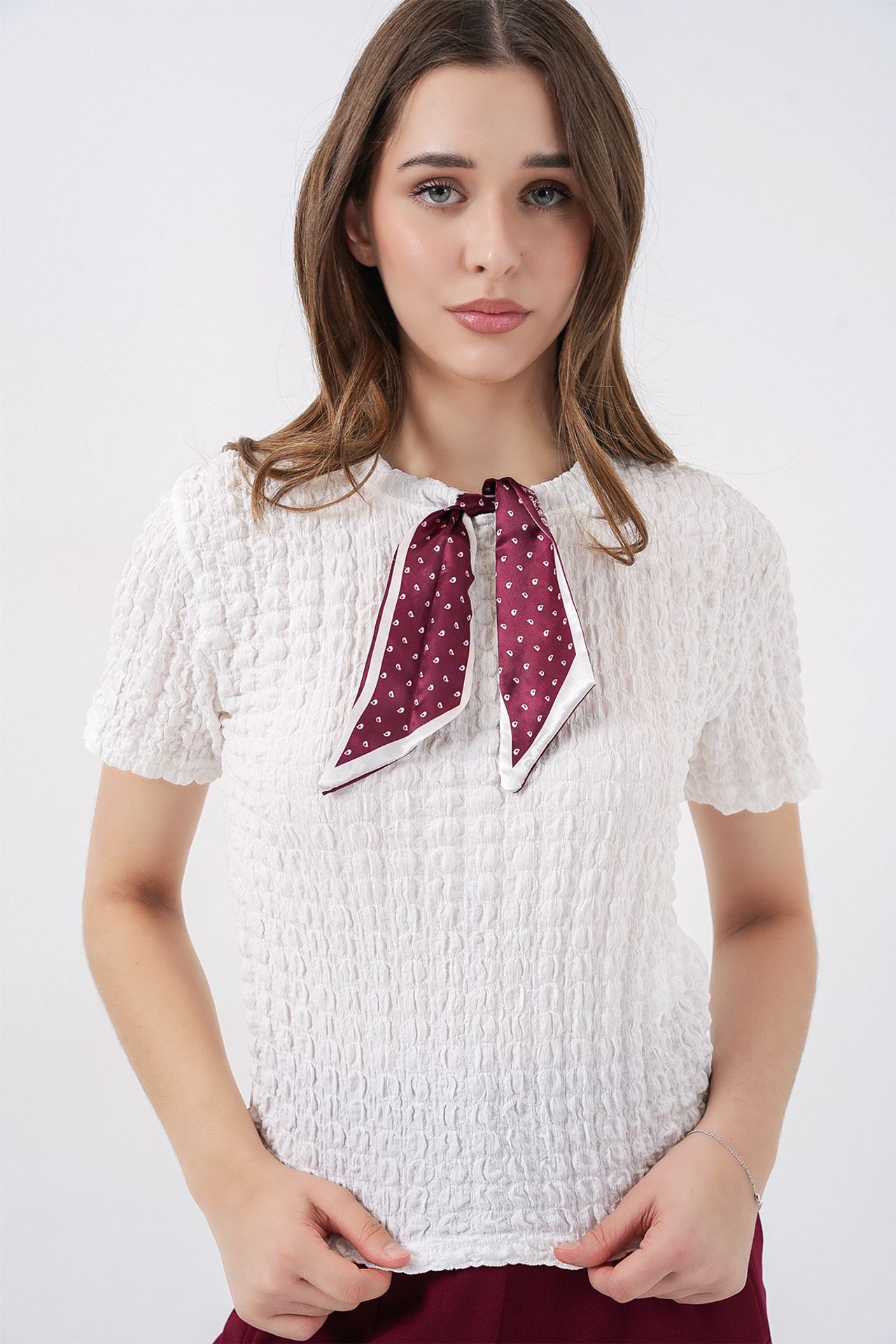 BDART Textured Crew Neck Blouse with Scarf Detail 1