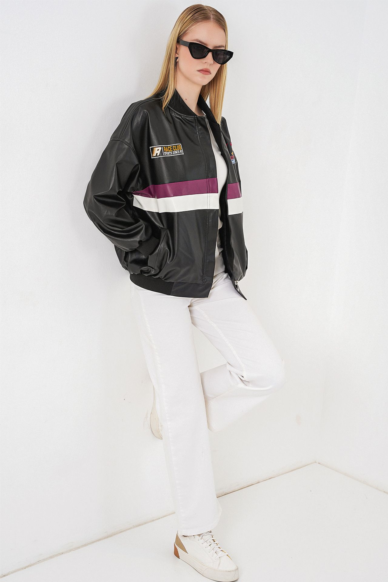 BDART Fitted Crop Faux Leather Bomber Jacket with Bow 2
