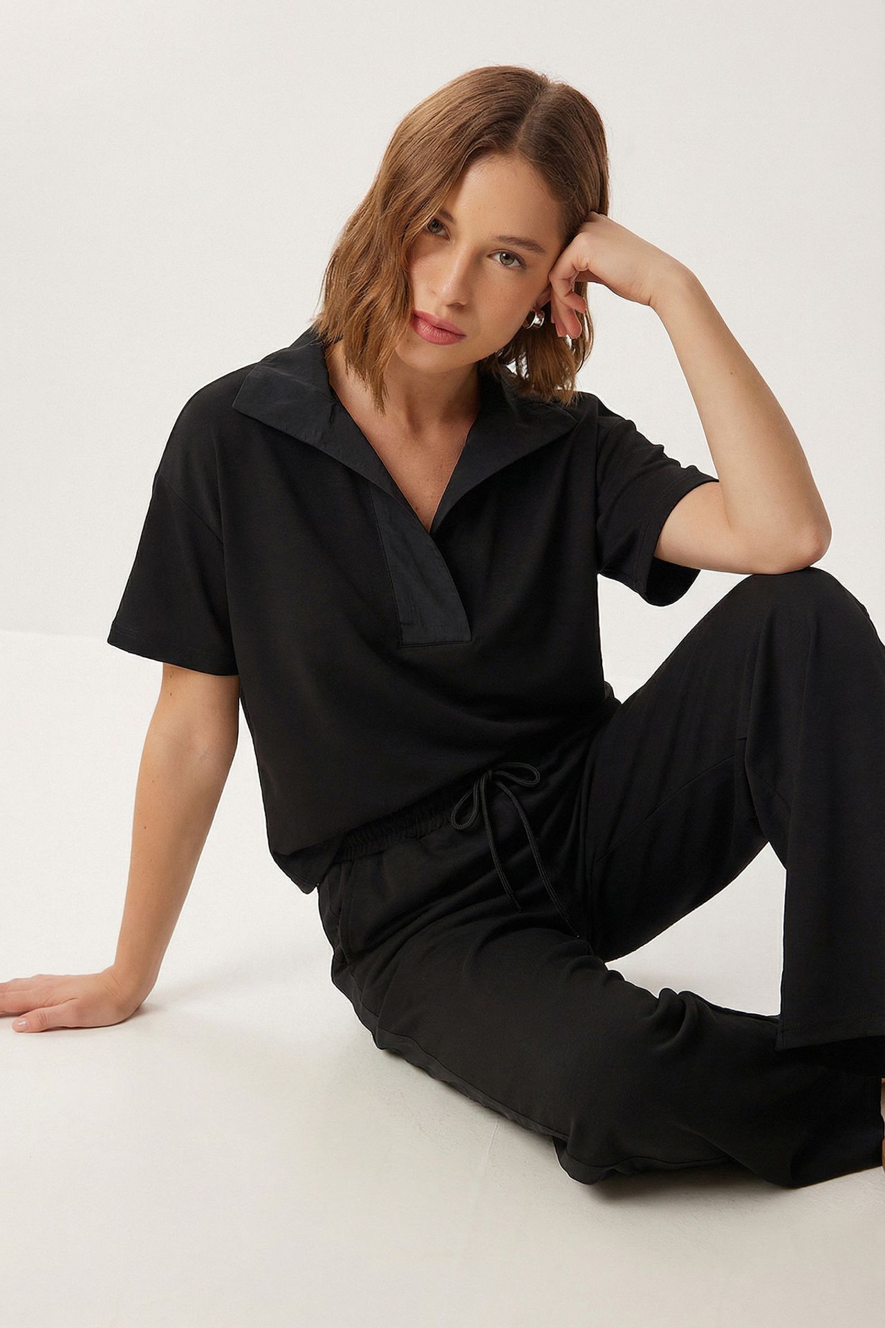 ISTANBUL Polo Collar Blouse & Mid Waist Wide Leg Pants Two-Piece Set 5
