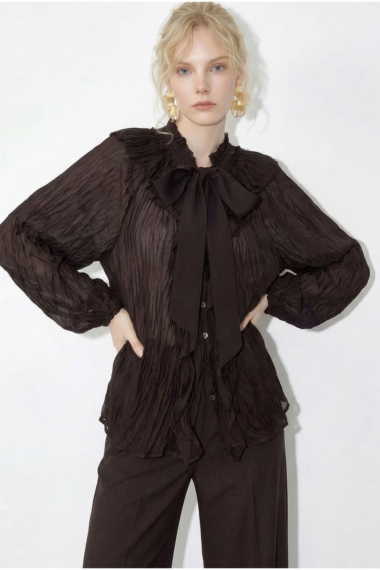 LUCCI Button-Up Crepe Blouse with Bow Detail 3