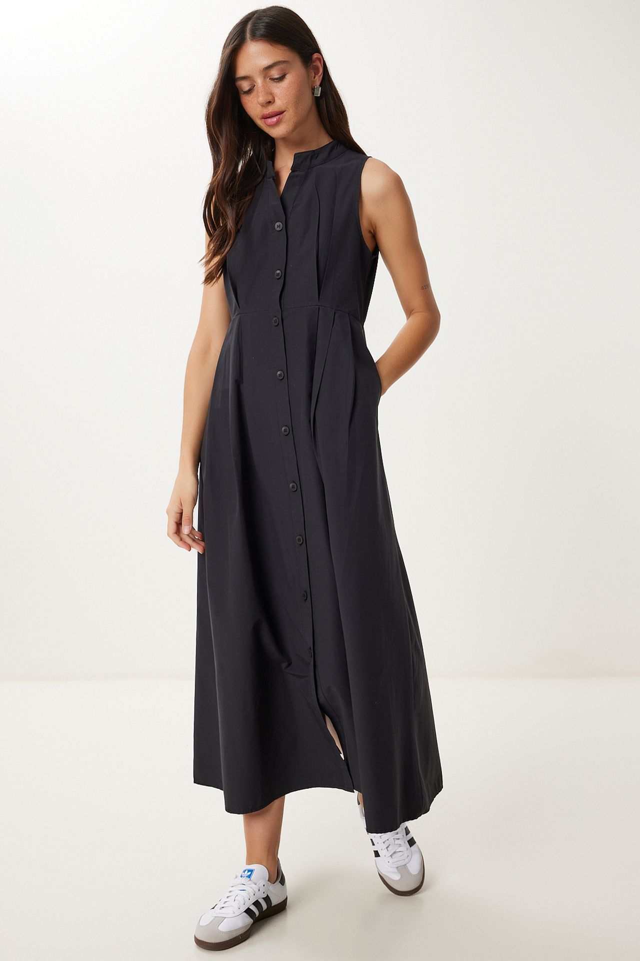 ISTANBUL Mandarin Collar Sleeveless A-Line Midi Dress 2