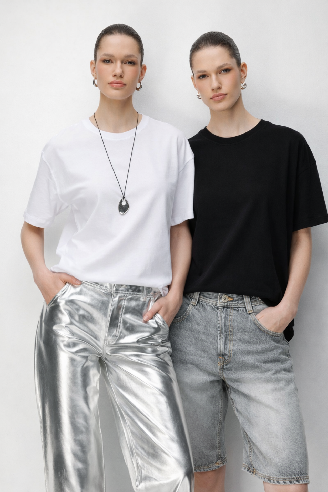 MIXRAY Oversized Ribbed Crew Neck Two-Piece T-Shirt Set 1
