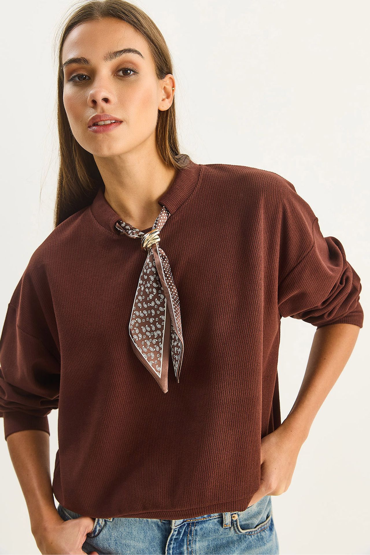 Crew Neck Ribbed Sweatshirt with Scarf Accessory Detail 1