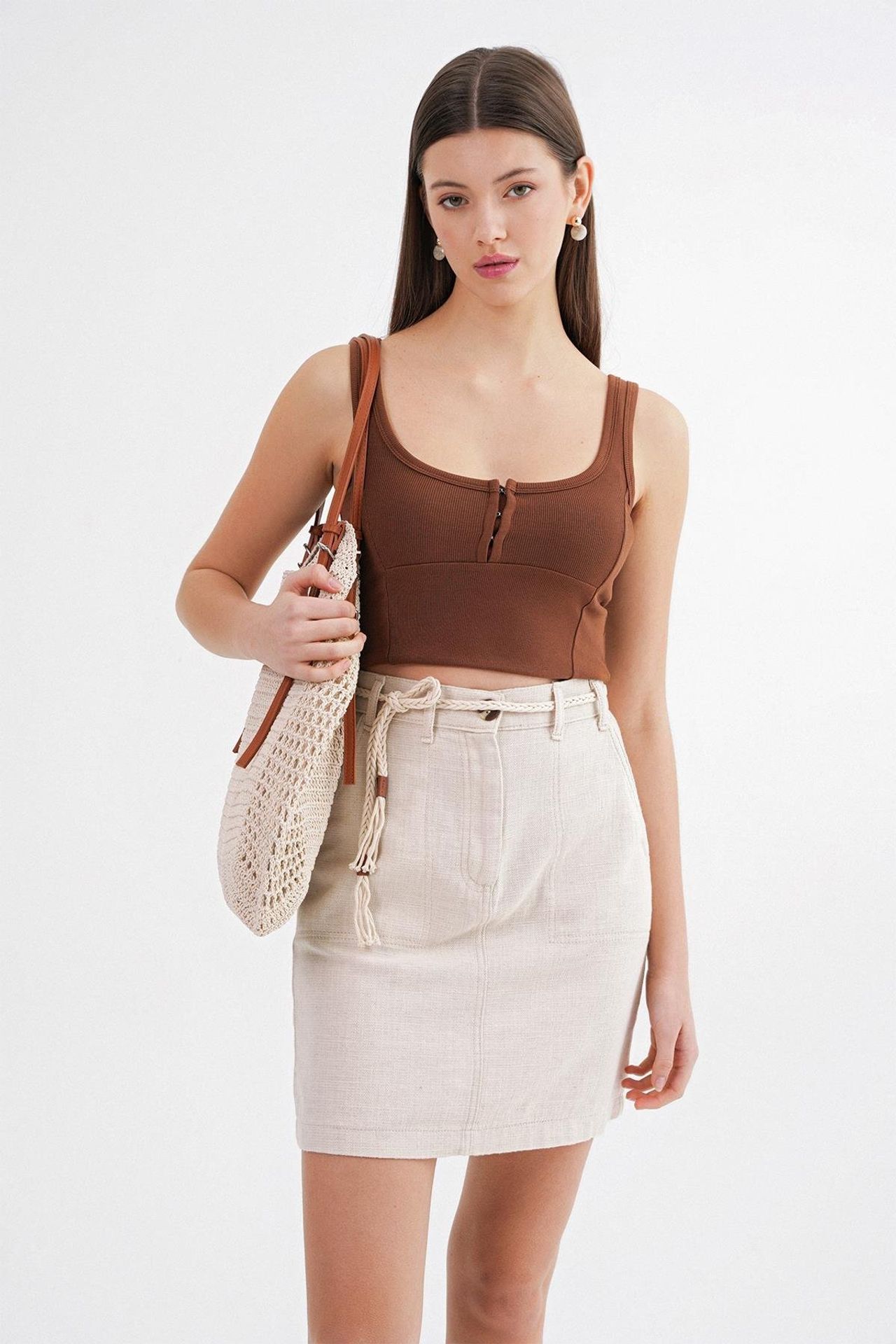 Mixray High-Waisted Mini Skirt with Accessory Detail 1
