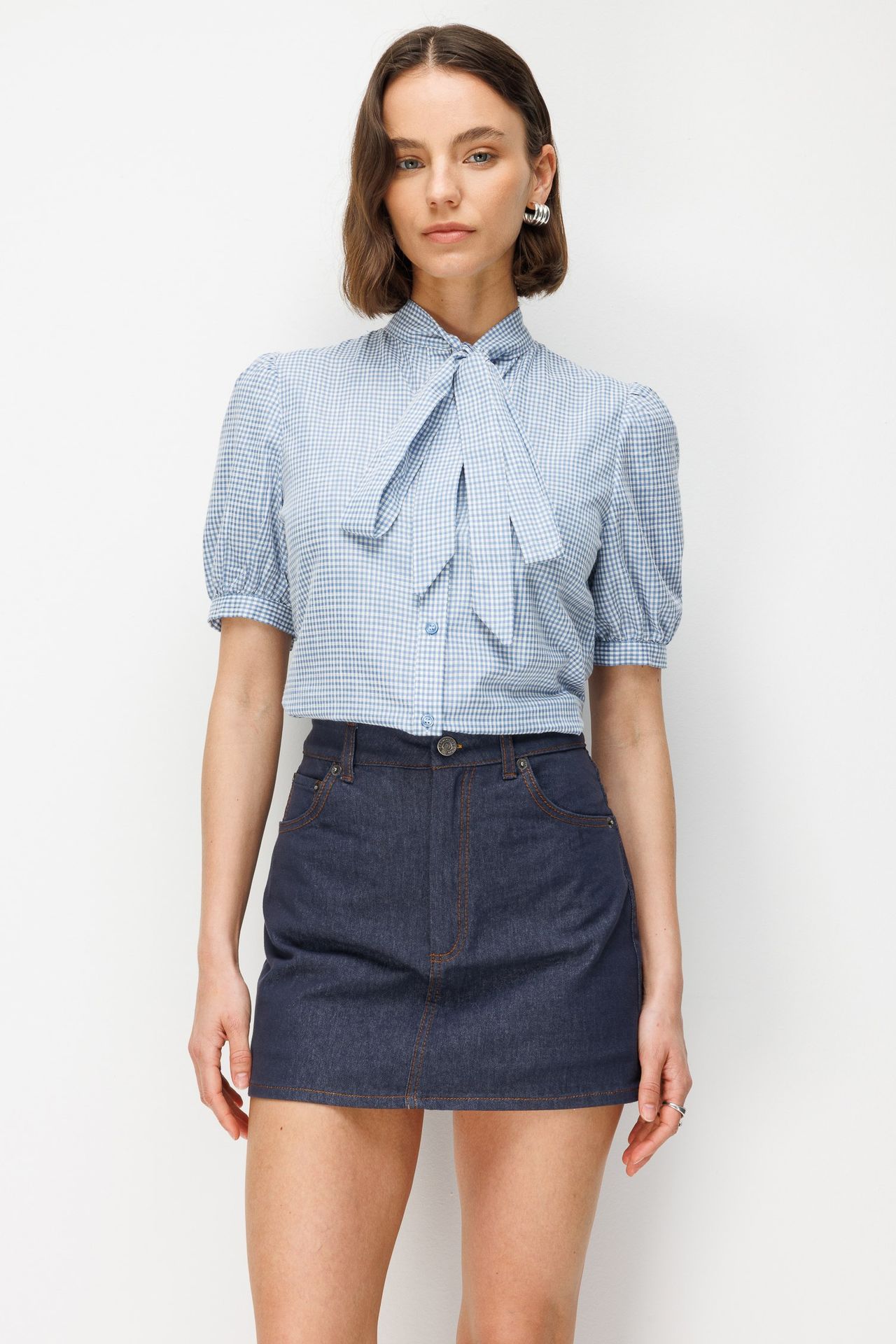 MIXRAY High Waist A-Line Denim Mini Skirt with Button Closure 1