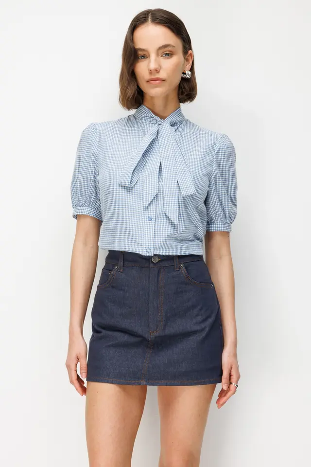 MIXRAY High Waist A-Line Denim Mini Skirt with Button Closure