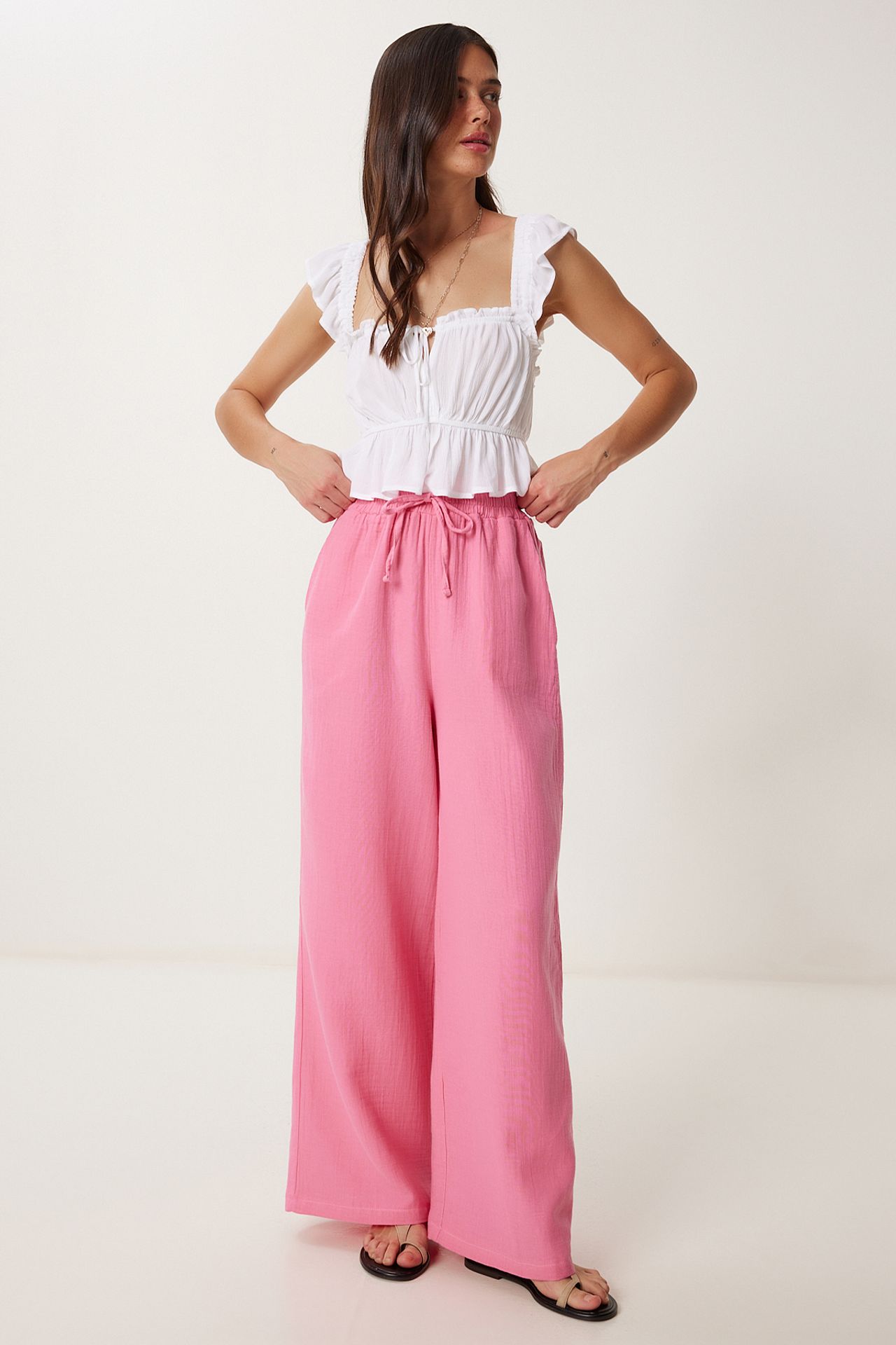 ISTANBUL Wide Leg Drawstring Waist Pants with Binding Detail 2