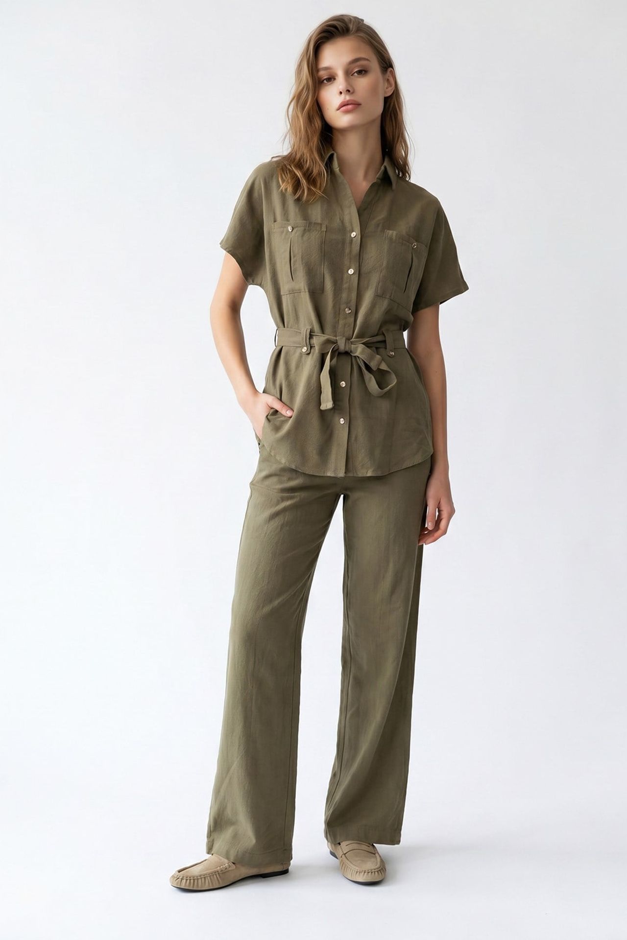 MIXRAY Cotton Shirt And Wide-Leg Trousers Set 3