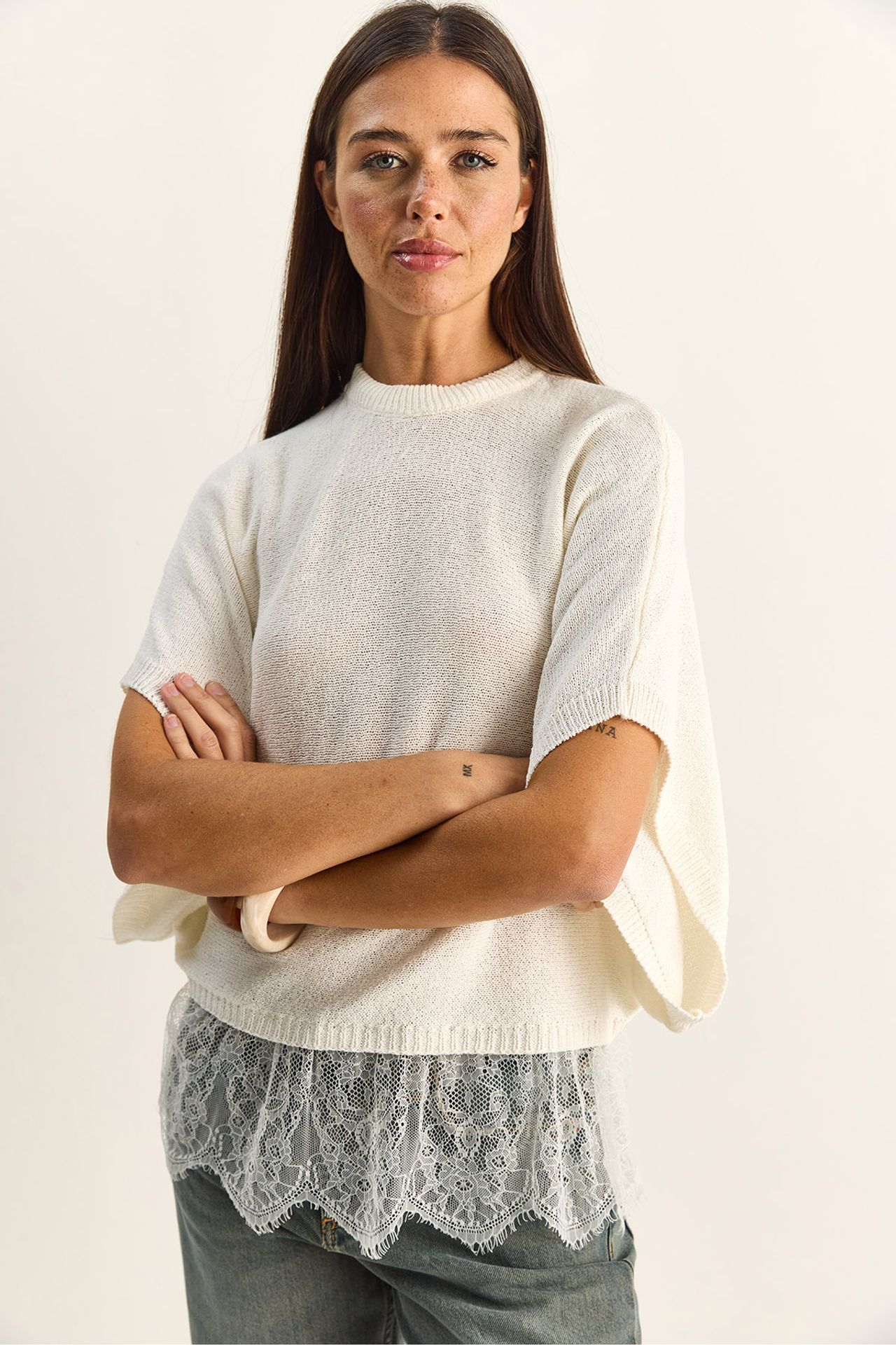 LUCCI Oversized Lace Knit Top With Half Turtleneck 5