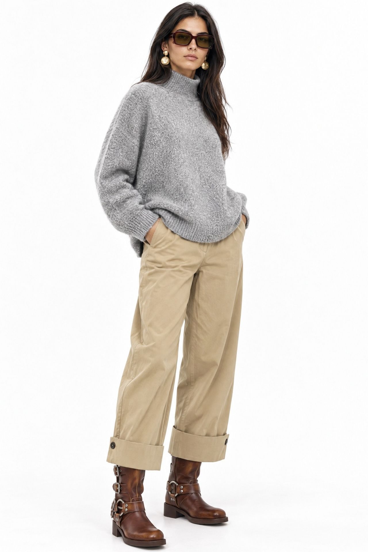 MIXRAY Oversized Ribbed Turtleneck Sweater 3