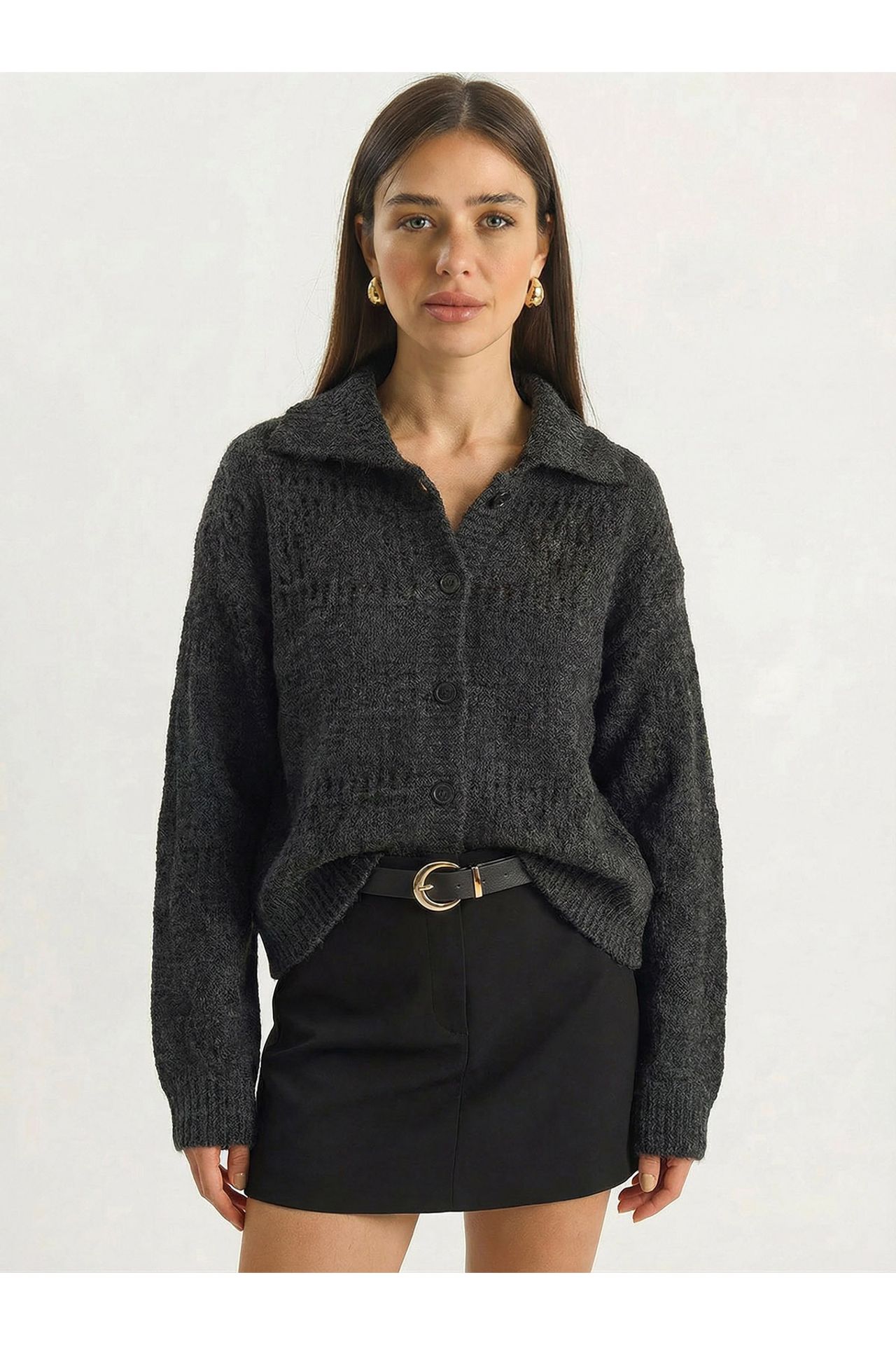 LUCCI Textured Polo Collar Button Cardigan 1