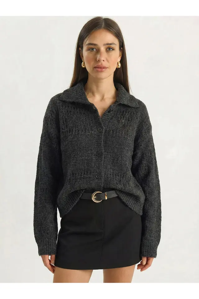 LUCCI Textured Polo Collar Button Cardigan