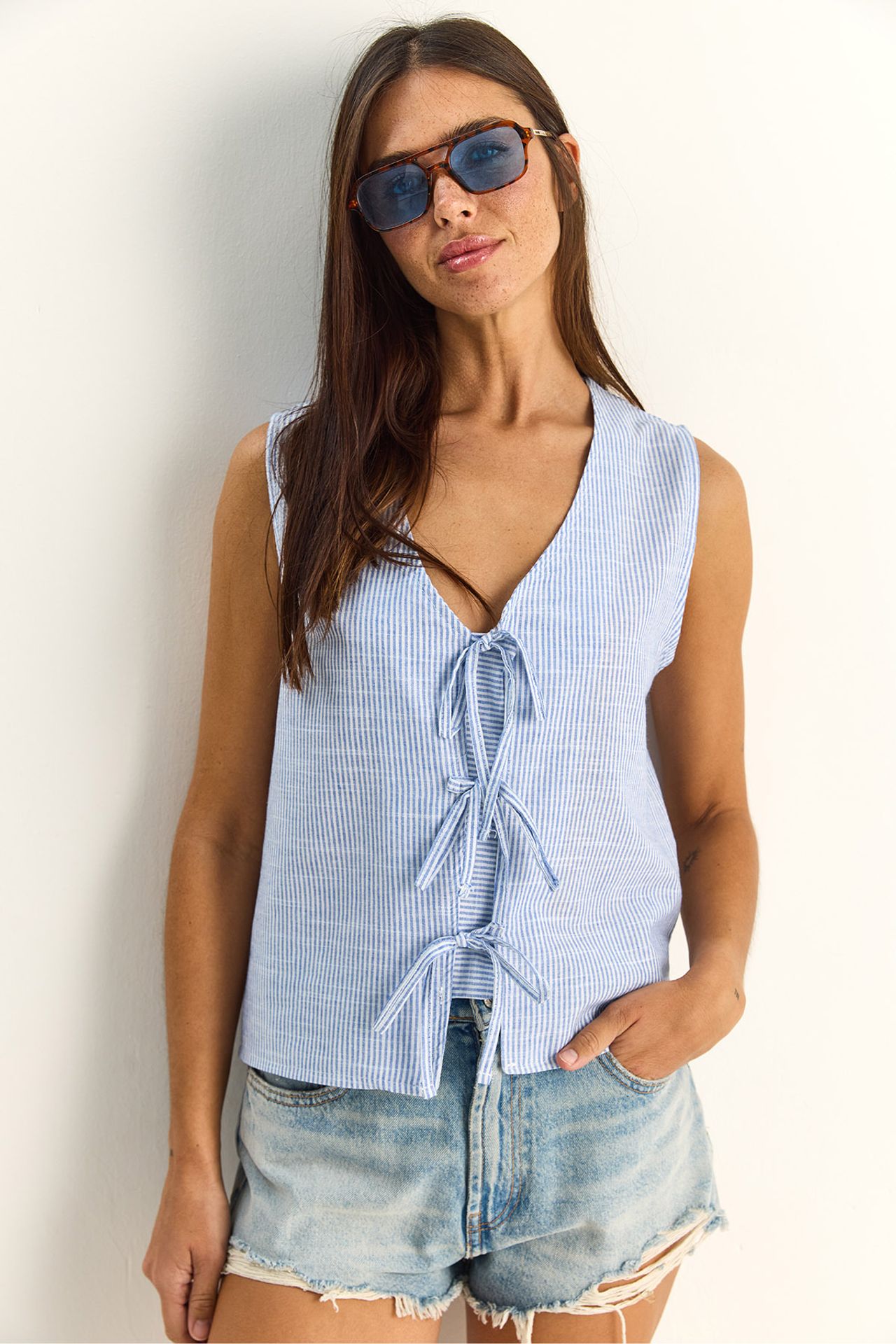 LUCCI Striped V-Neck Blouse with Tie Detail 1