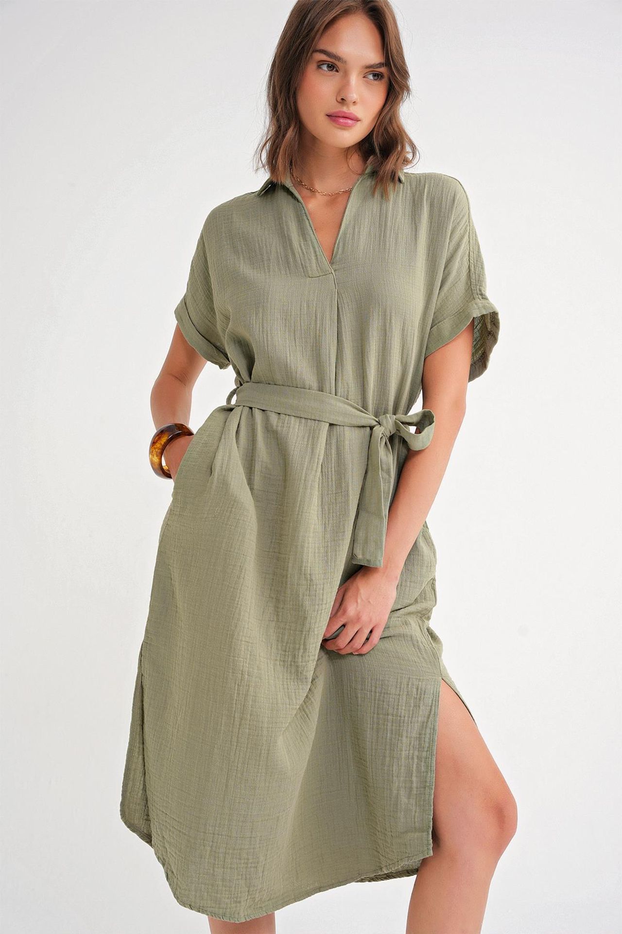 Mixray Belted Short-Sleeve Midi Dress 4