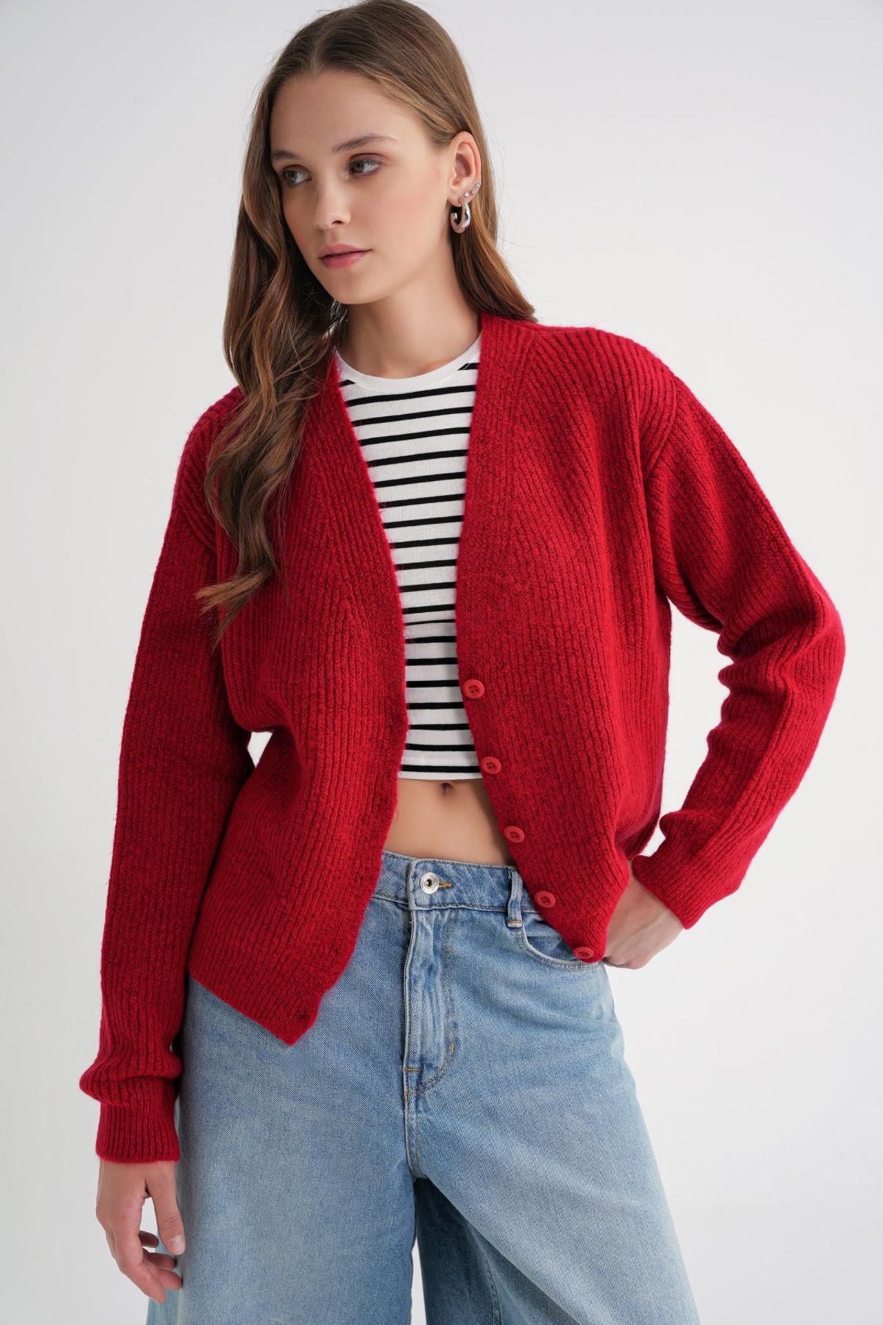 Mixray Textured V-Neck Button Cardigan