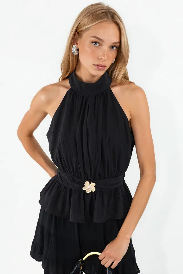 BUSEM Women's Halterneck Belted Crepe Blouse
