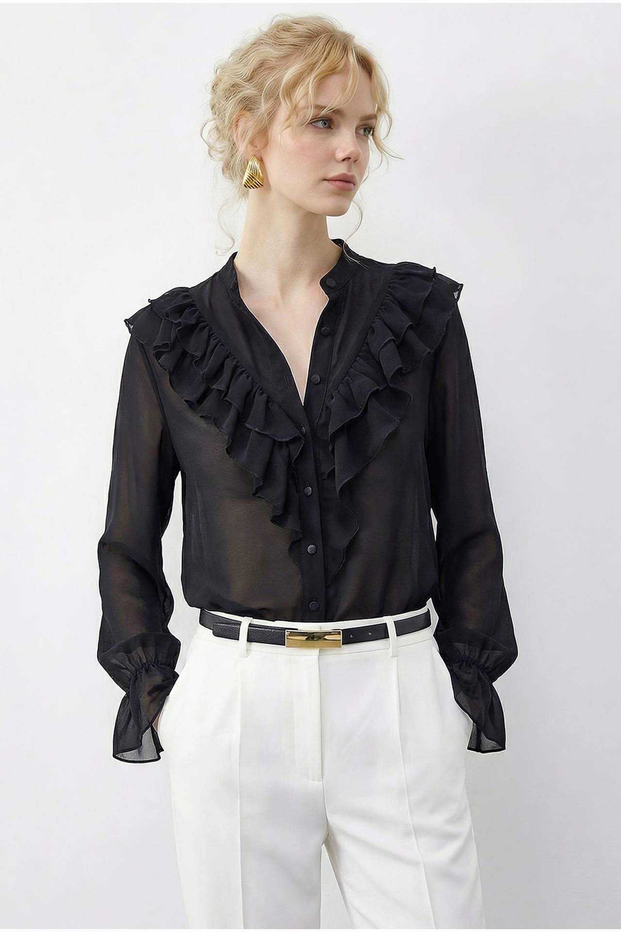 LUCCI Frilly Mandarin Collar Long Sleeve Chiffon Shirt 3