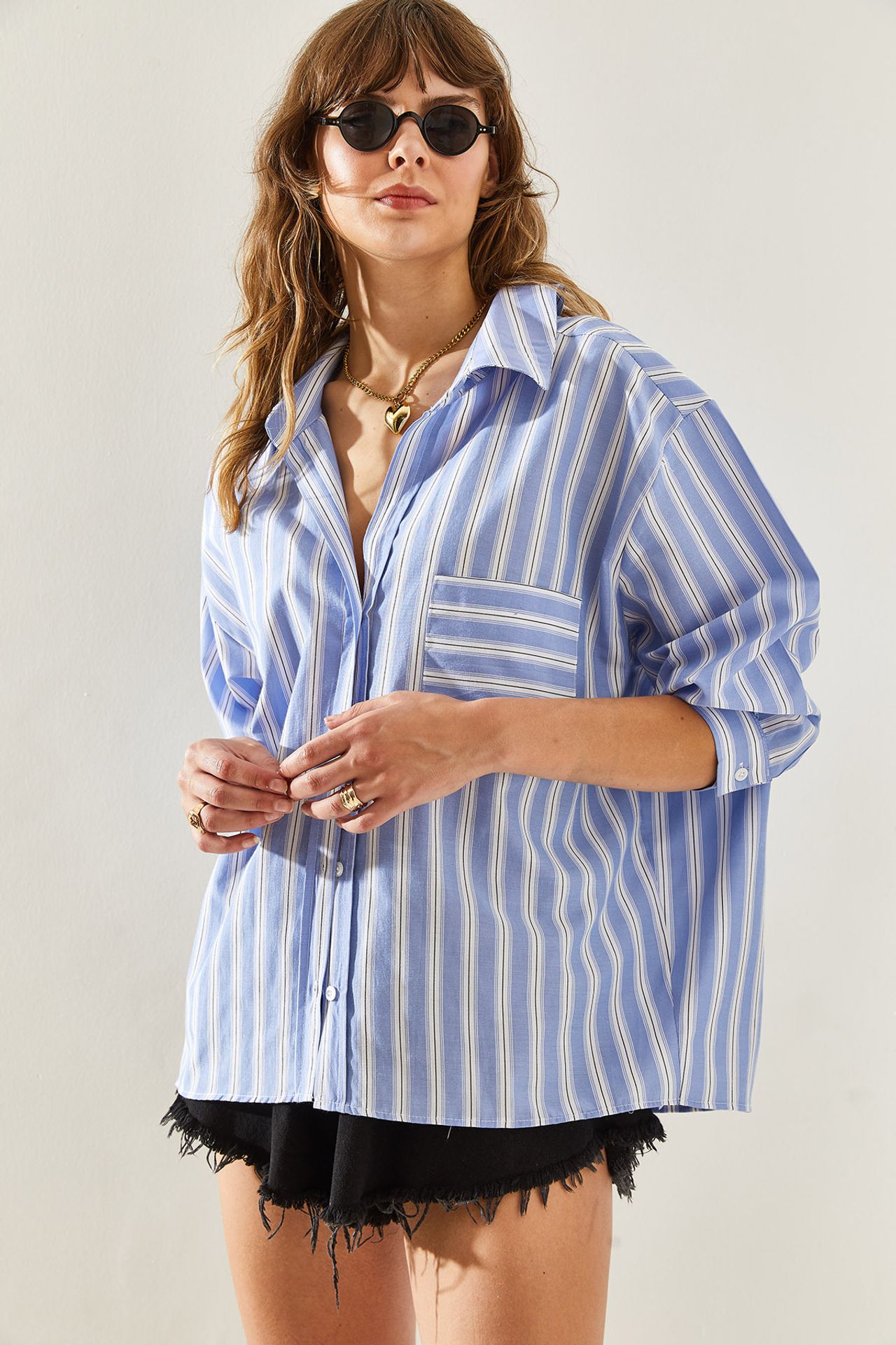 LUCCI Striped Oversized Button-Up Shirt