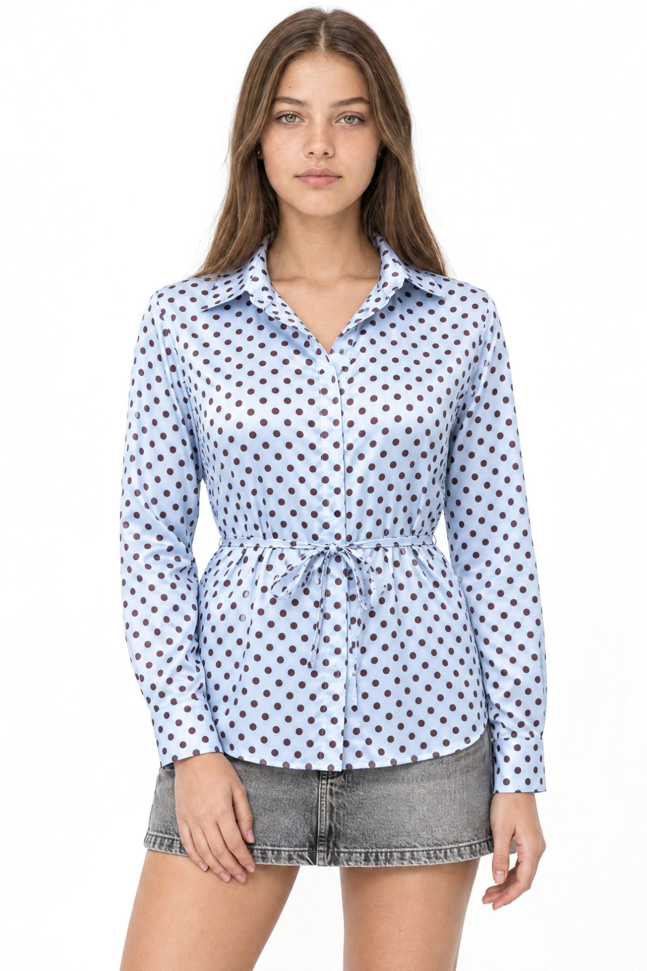 MIXRAY Polka Dot Tie Detail Button-Up Shirt 1