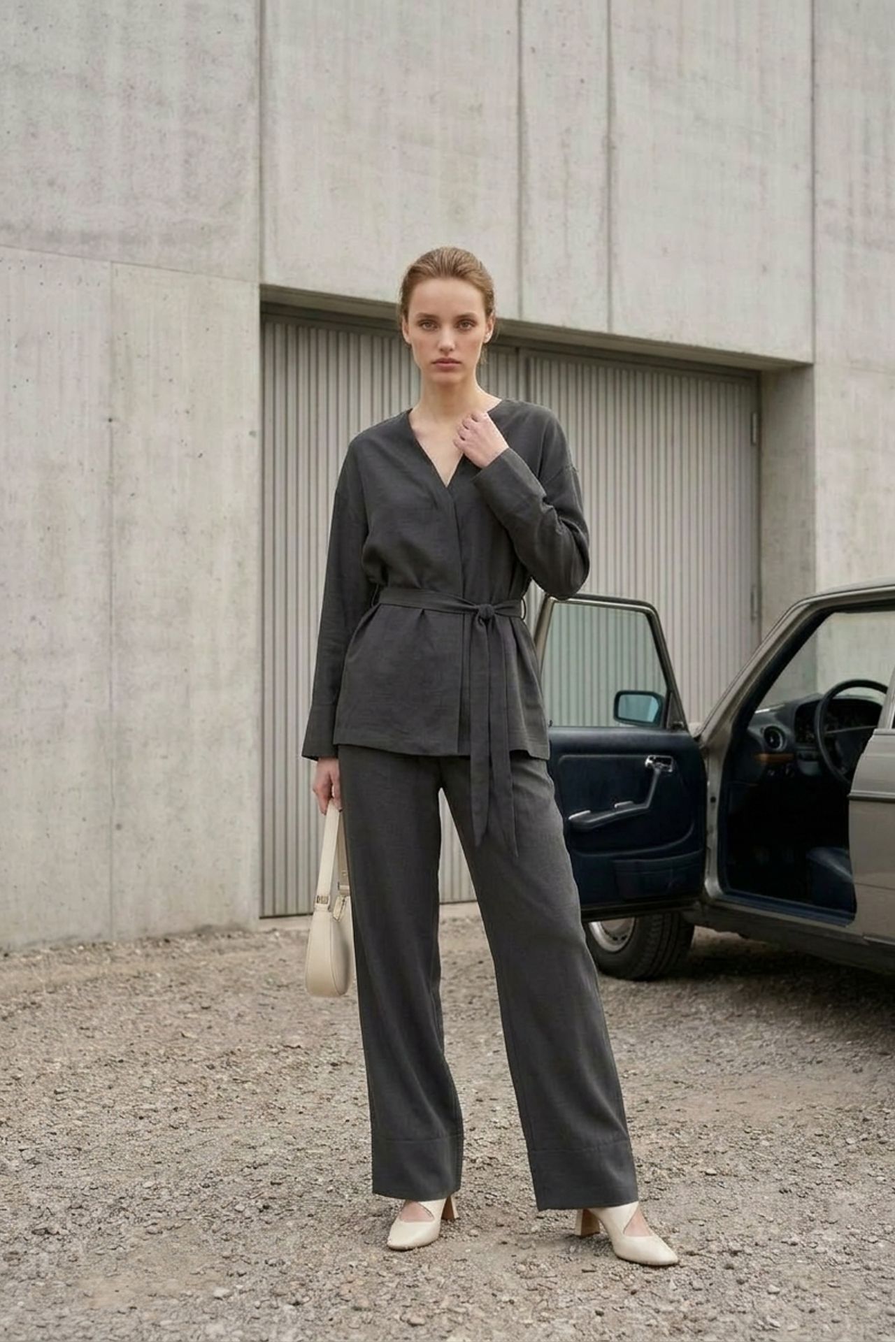 MY FASHION Belted V-neck Long Sleeve Two-Piece Set