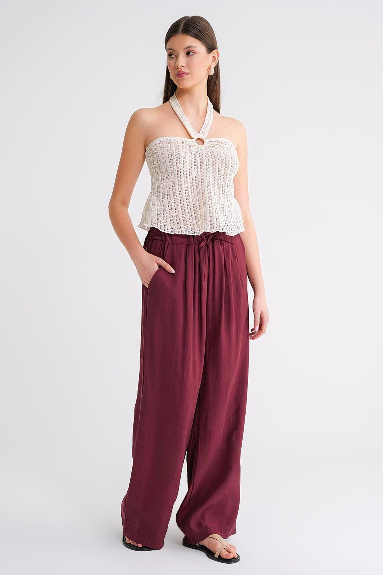 Mixray High Waist Modal Pleated Palazzo Pants with Drawstring 1