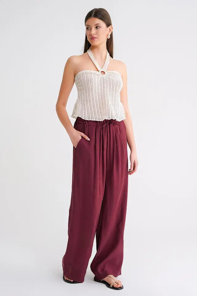 Mixray High Waist Modal Pleated Palazzo Pants with Drawstring