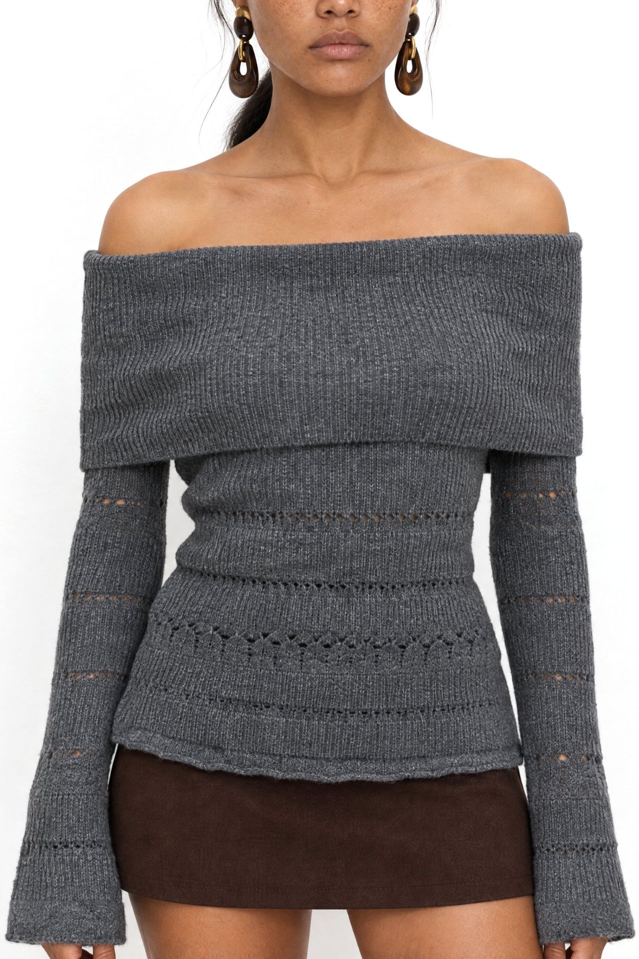 MIXRAY Off Shoulder Textured Ribbed Sweater with Cut Out Details 4