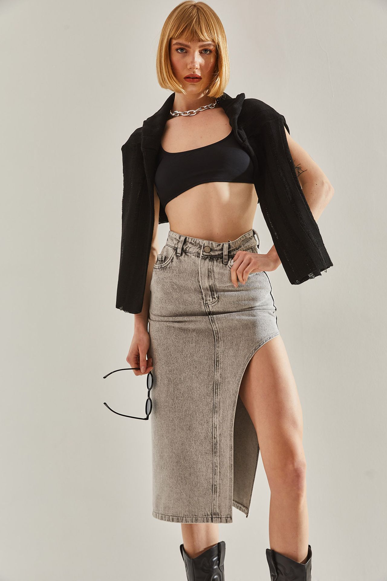 LUCCI High Waist Slit Midi Denim Skirt
