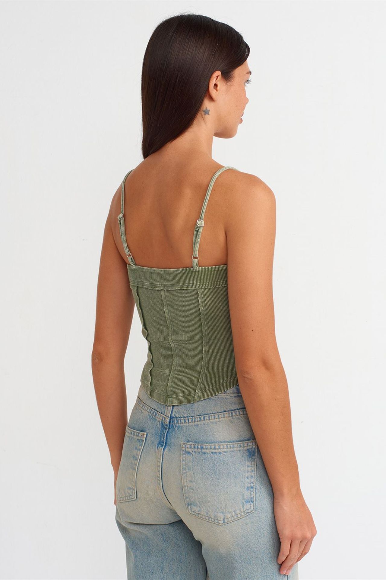 DILVIN Kare Yaka Fitilli Crop Bluz 2