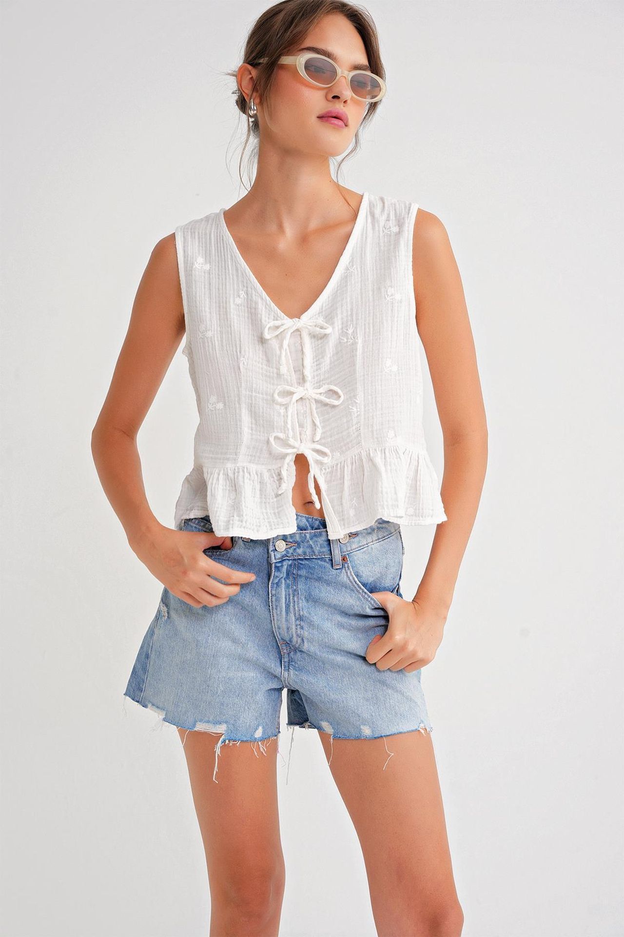 Mixray Textured V-Neck Crop Blouse with Bow 1