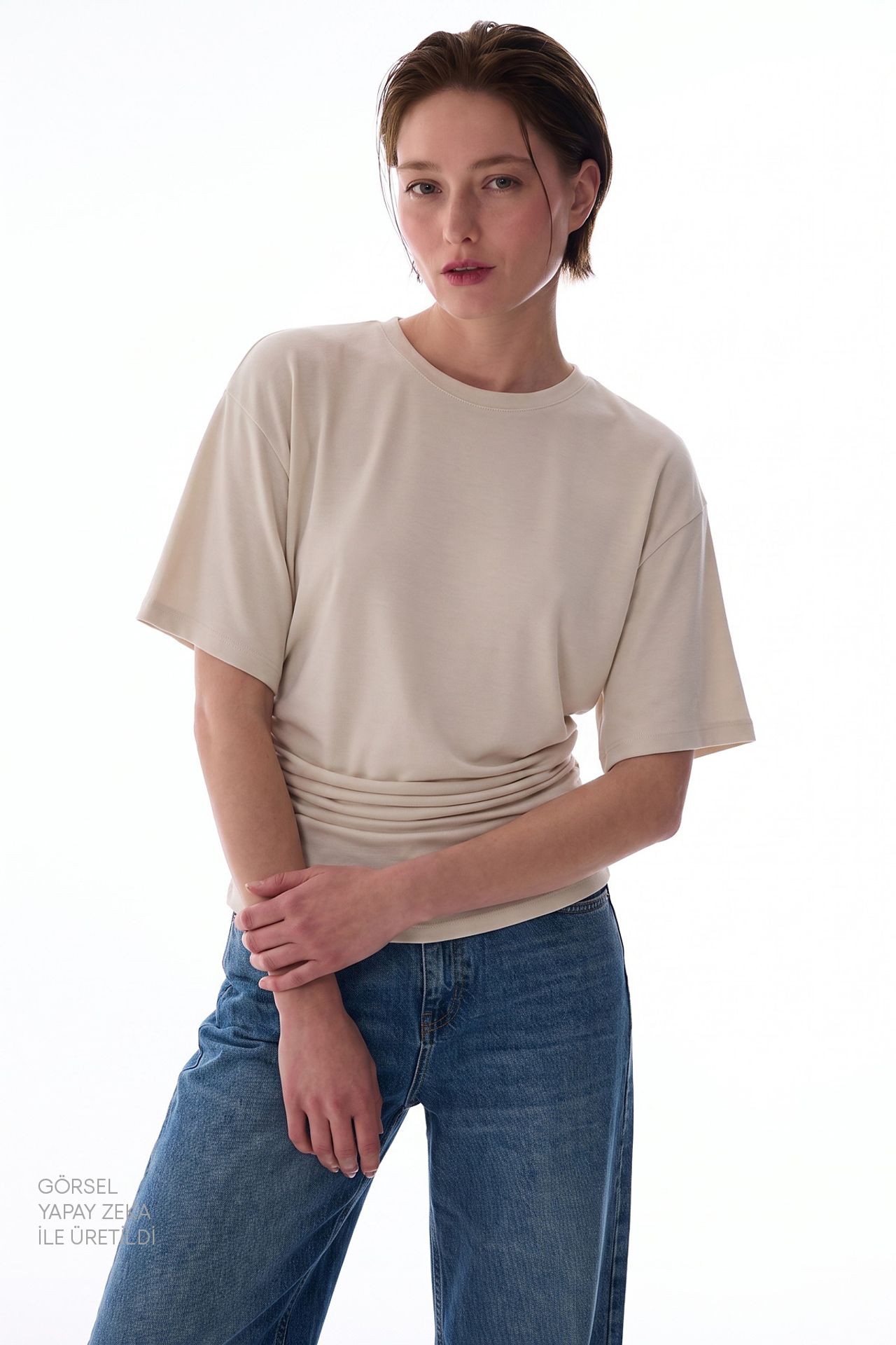 PENTI Women's Modal Waist Detail Textured T-Shirt With Gathers 2