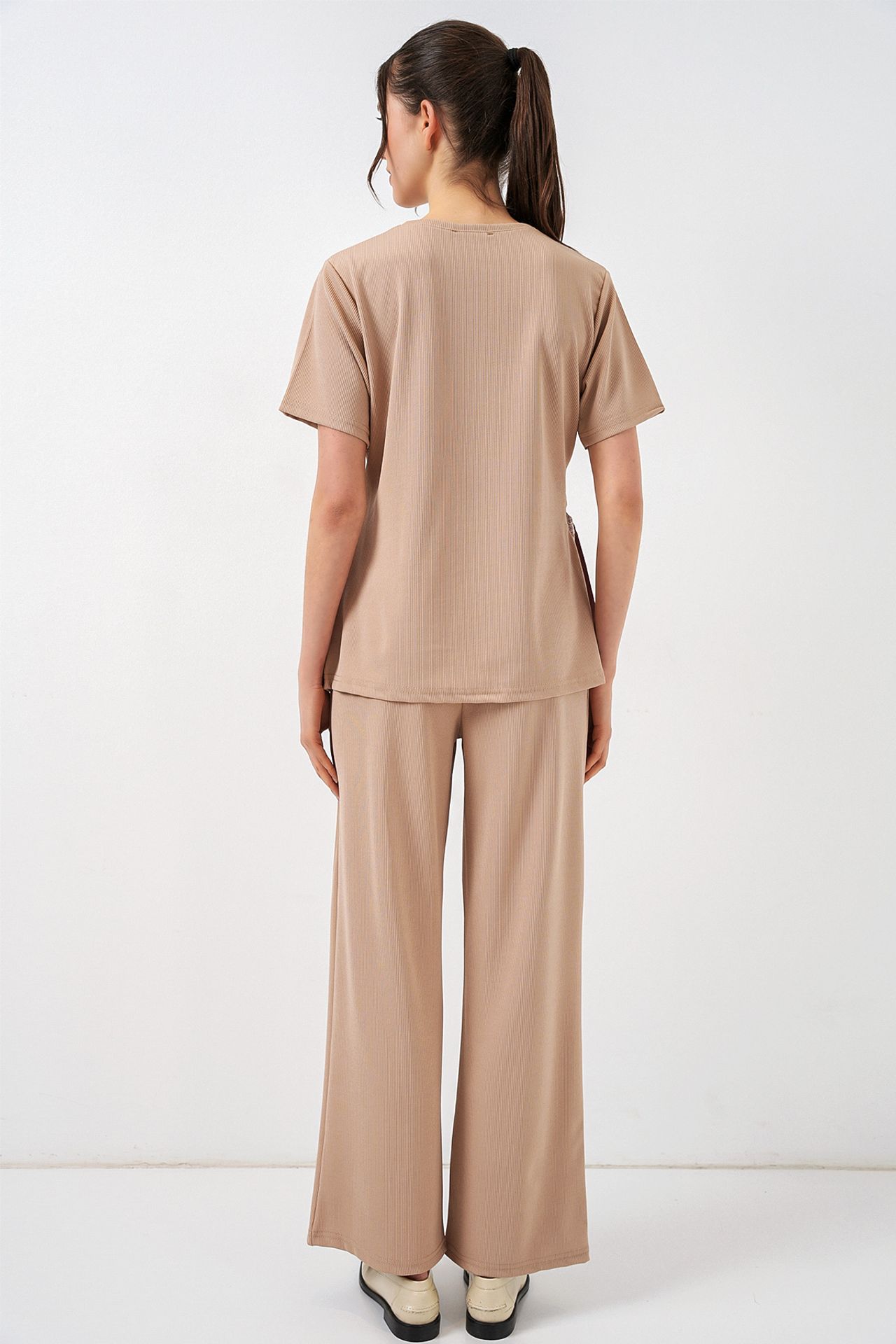 BDART Crew Neck Tie Detail Ribbed Co-Ord Set with Wide Leg Trousers 6