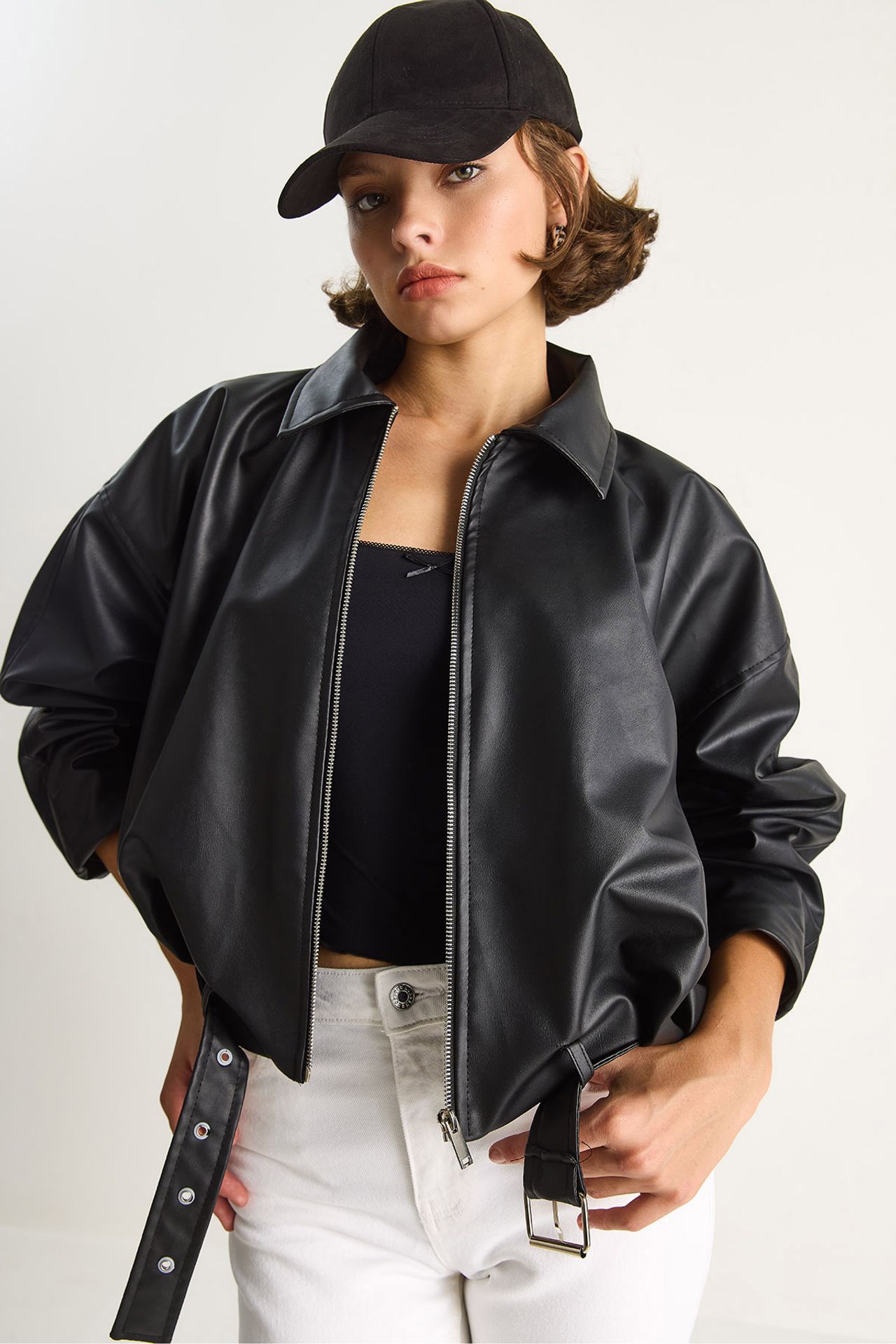 LUCCI Faux Leather Bomber Jacket with Zipper Closure 5