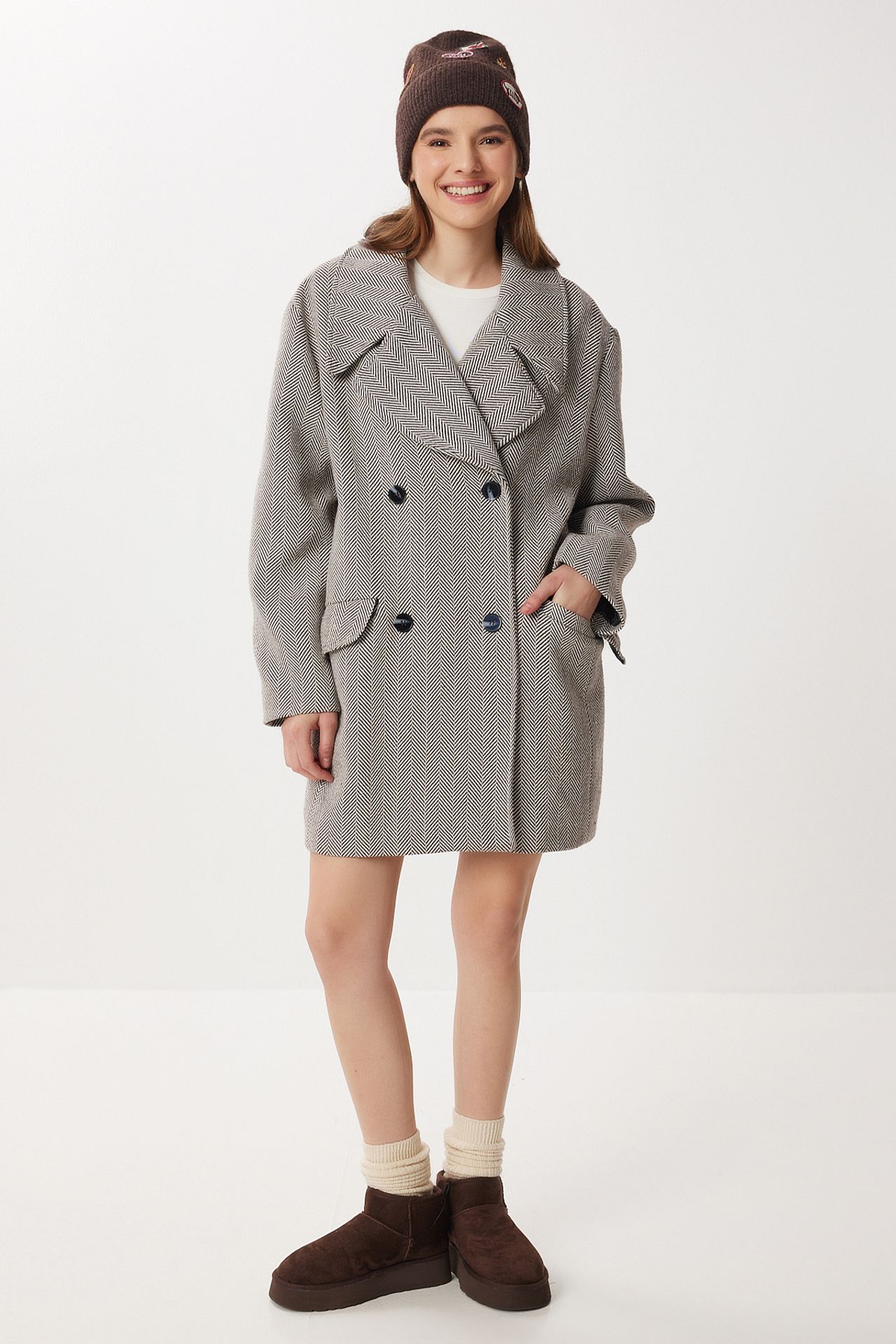 ISTANBUL Oversized Herringbone Wool Cotton Midi Overcoat 1