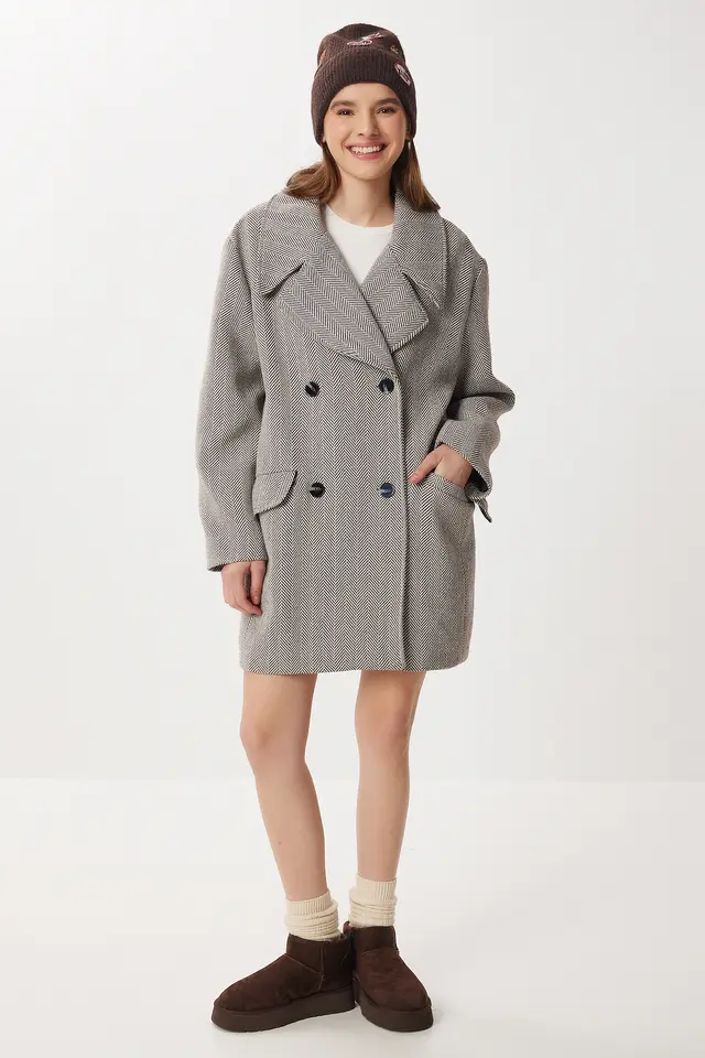 ISTANBUL Oversized Herringbone Wool Cotton Midi Overcoat