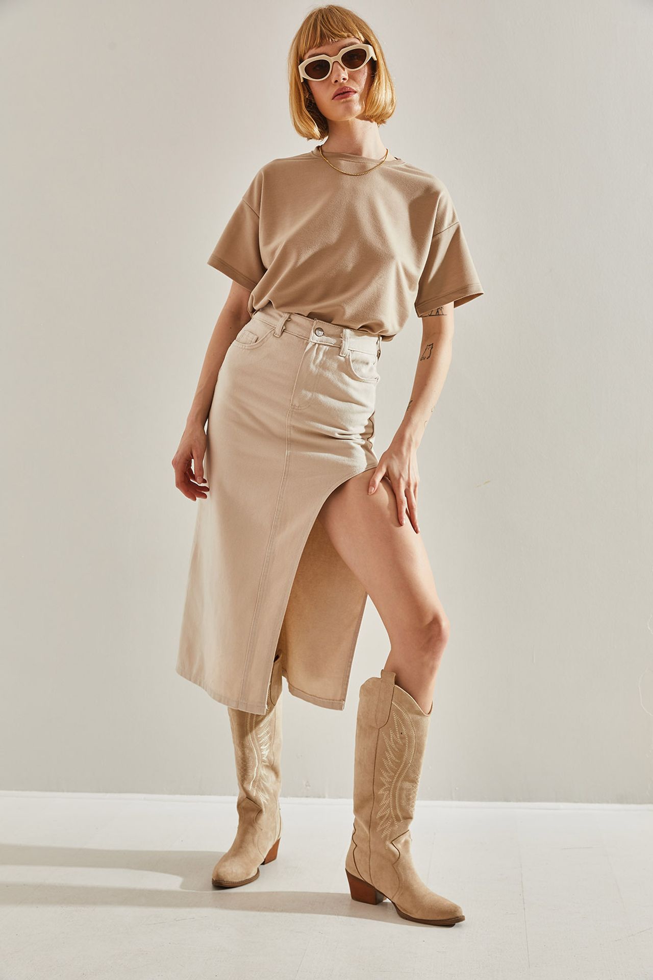 LUCCI High Waist Slit Midi Denim Skirt